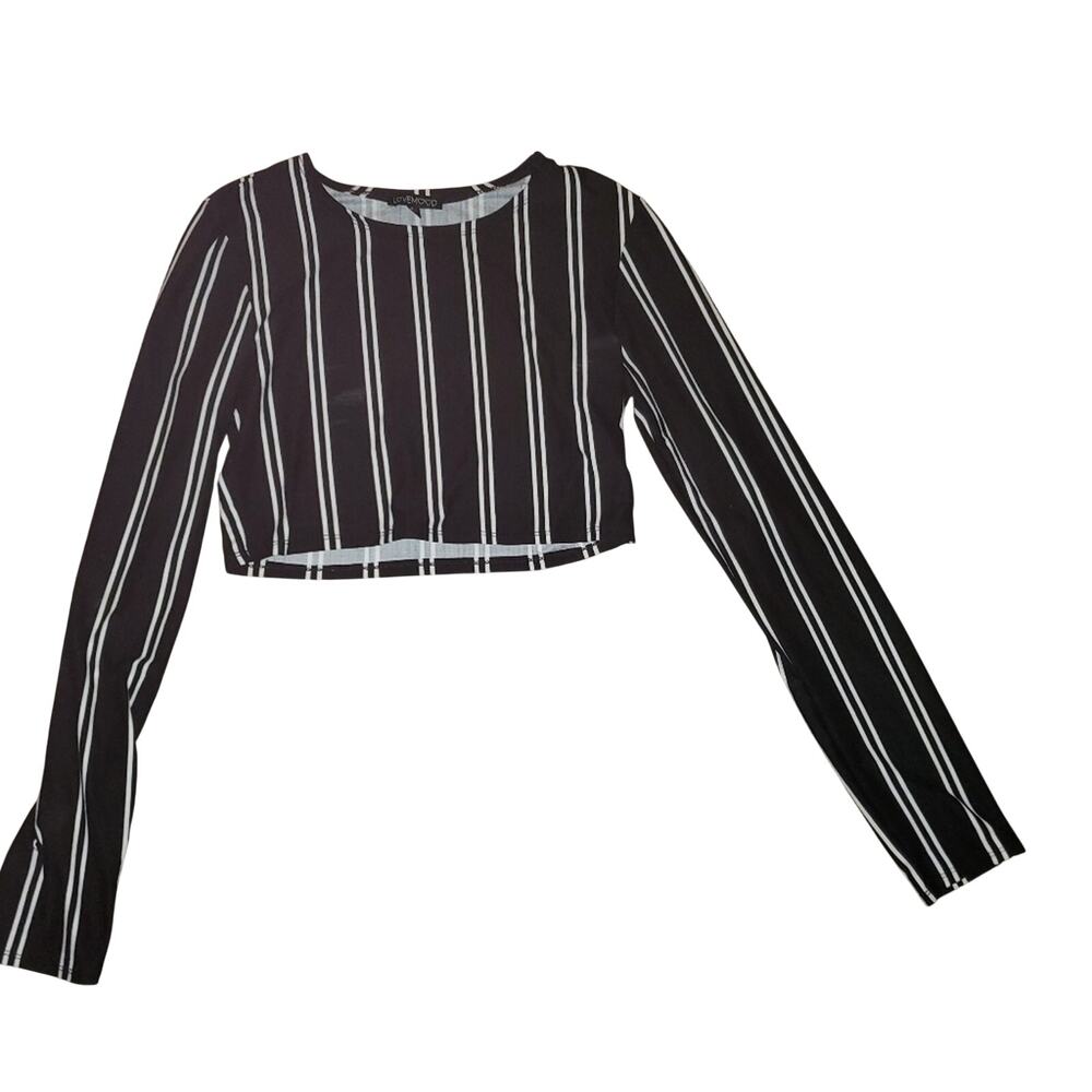 Black & White Striped Long Sleeve Crop Top - Large